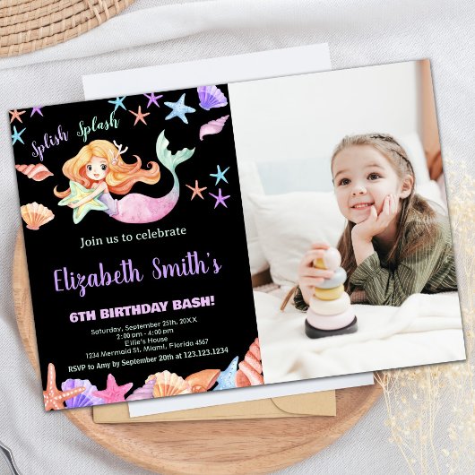 フォトピンクパープルザシーマーメイド誕生日 招待状