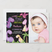 フォトピンクパープルブラック誕生日 招待状 (正面)