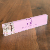 フォトピンクパープルモノグラムイニシャル名 デスクネームプレート (側面)