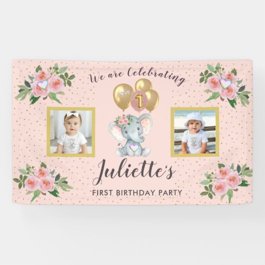 フォトピンクフローラエレファントファースト誕生日ガール 横断幕 (横)