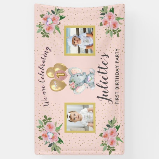 フォトピンクフローラエレファントファースト誕生日ガール 横断幕 (縦)
