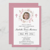 フォトピンクフローラクロス最初の聖餐式 招待状 (正面/裏面)