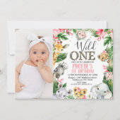 フォトピンクフローラサファリワイルドワン誕生日 招待状 (正面)