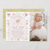 フォトピンクフローラフェアリーフラッタトゥウィル誕生日 招待状 (正面/裏面)