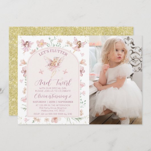 フォトピンクフローラフェアリーフラッタトゥウィル誕生日 招待状 (正面/裏面)