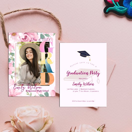 フォトピンクフローラ卒業パーティミニ招待状 エンクロージャーカード