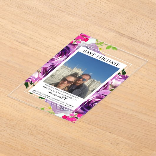 フォトピンクフローラ日付の保存 アクリル招待状 (レイダウン)