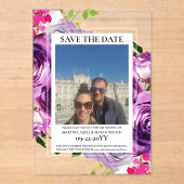 フォトピンクフローラ日付の保存 アクリル招待状 (正面)