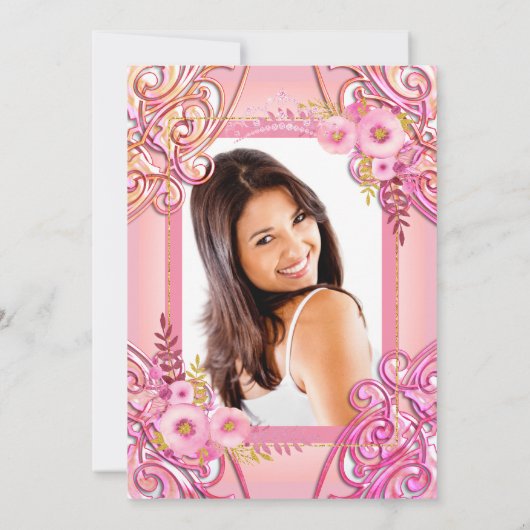 フォトピンクフローラ金ゴールドティアラ誕生日パーティー 招待状 (裏面)