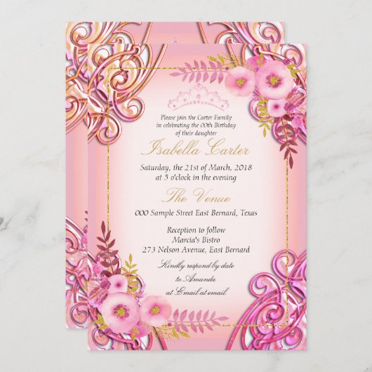 フォトピンクフローラ金ゴールドティアラ誕生日パーティー 招待状 (正面/裏面)