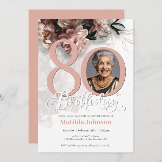 フォトピンクフローラ80誕生日 招待状 (正面/裏面)