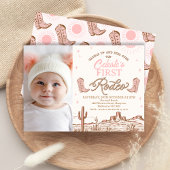 フォトピンクブラウン女性のカーボーイファーストRodeo 1th Birthday 招待状