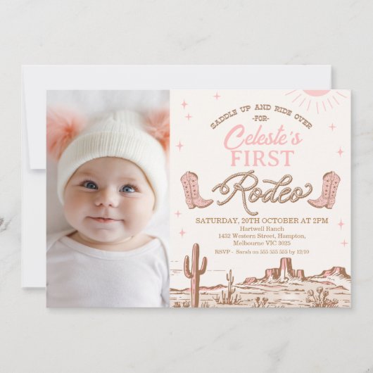 フォトピンクブラウン女性のカーボーイファーストRodeo 1th Birthday 招待状 (正面)