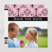 フォトピンクブラックダマスクシャンデリア日付保存 招待状 (正面/裏面)