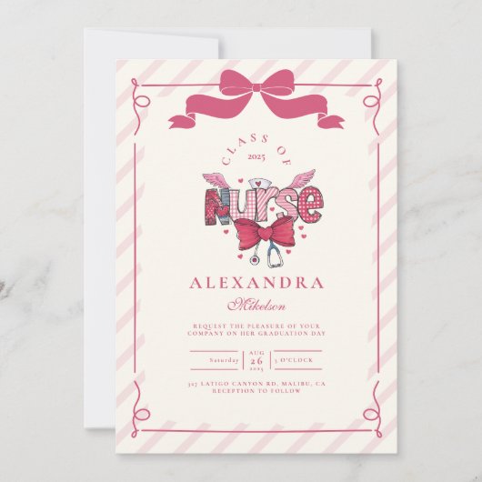フォトピンクボウコケット看護学校卒業生 招待状 (正面)