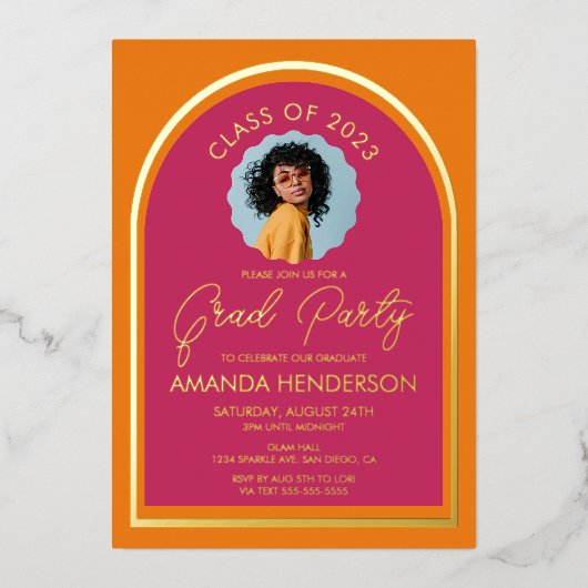 フォトピンクモダンとオレンジの卒業式 箔招待状 (正面)