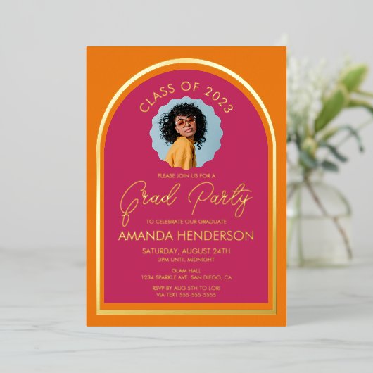 フォトピンクモダンとオレンジの卒業式 箔招待状 (立ち正面)