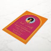 フォトピンクモダンとオレンジの卒業式 箔招待状 (回転した状態)