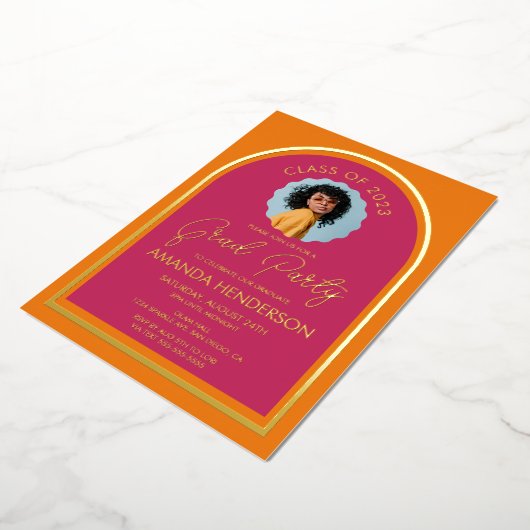 フォトピンクモダンとオレンジの卒業式 箔招待状 (回転した状態)