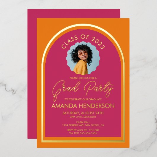 フォトピンクモダンとオレンジの卒業式 箔招待状 (正面/裏面)
