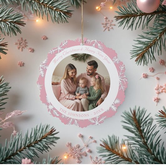 フォトピンクモダンの雪片パターン オーナメントカード