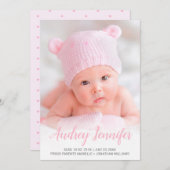 フォトピンクモダンスクリプトハートベビーガール誕生 案内状 (正面/裏面)