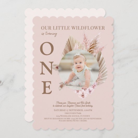 フォトピンクリトルワイルドフラワー1st誕生日 招待状 (正面/裏面)