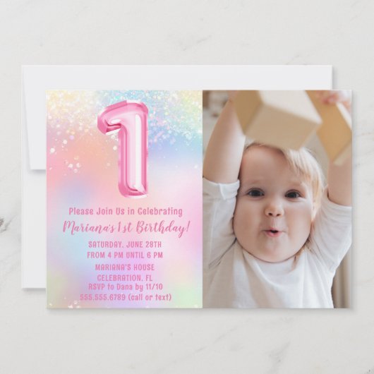 フォトピンクレインボー1歳の誕生日 招待状 (正面)