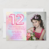 フォトピンクレインボー12誕生日 招待状 (正面)