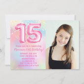 フォトピンクレインボー15誕生日 招待状 (正面)