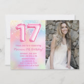 フォトピンクレインボー17誕生日 招待状 (正面)