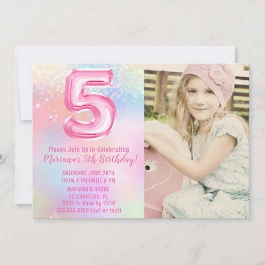 フォトピンクレインボー5誕生日 招待状 (正面)