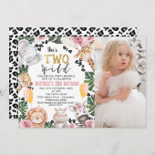 フォトピンクローズサファリツーワイルド誕生日 招待状 (正面/裏面)