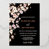 フォトピンクローズ金ゴールドさくらんぼ結婚の花 箔招待状 (正面)