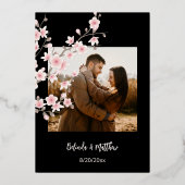 フォトピンクローズ金ゴールドさくらんぼ結婚の花 箔招待状 (裏面)