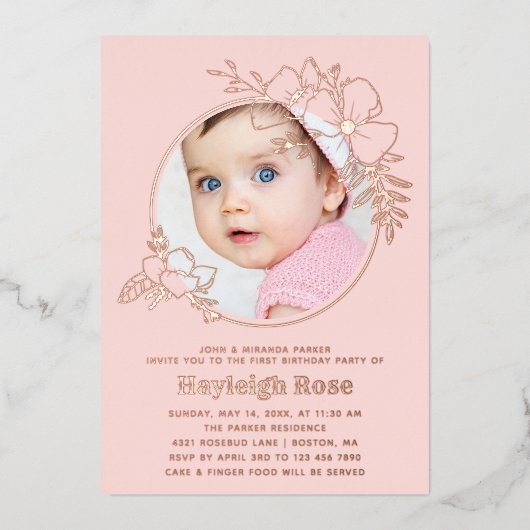 フォトピンクローズ金ゴールドフローラフレーム1歳の誕生日 箔招待状 (正面)