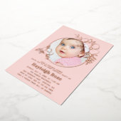 フォトピンクローズ金ゴールドフローラフレーム1歳の誕生日 箔招待状 (回転した状態)