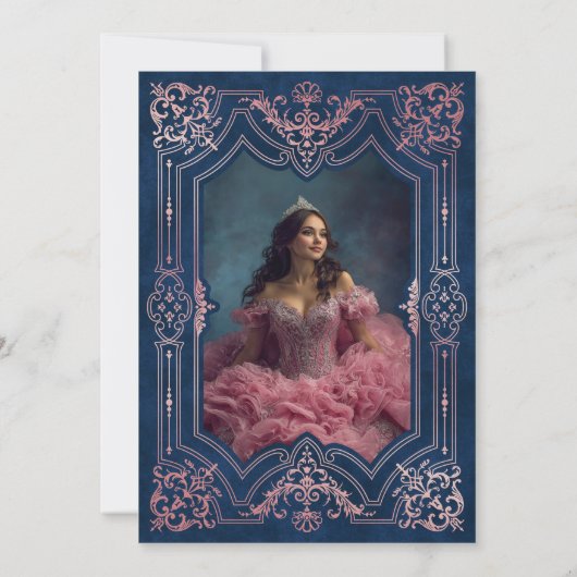 フォトピンクローズ金ゴールド仮装キンセアニェラ 招待状 (裏面)