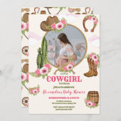 フォトピンク女性のカーボーイウェスタン赤ちゃんシャワー 招待状 (正面/裏面)