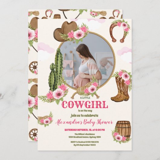 フォトピンク女性のカーボーイウェスタン赤ちゃんシャワー 招待状 (正面/裏面)