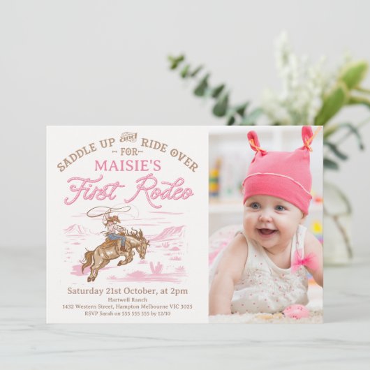 フォトピンク女性のカーボーイファーストロデオ1歳 招待状 (スタンド正面)