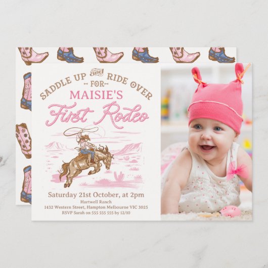 フォトピンク女性のカーボーイファーストロデオ1歳 招待状 (正面/裏面)