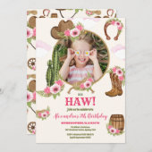 フォトピンク女性のカーボーイ誕生日パーティー 招待状 (正面/裏面)