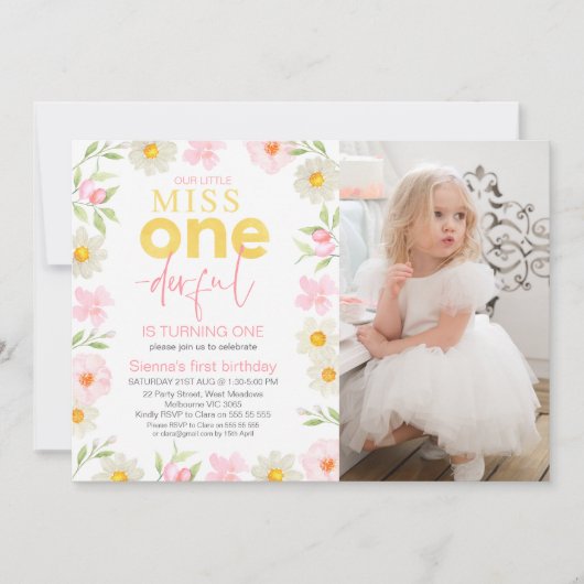 フォトピンク恋しく思フローラOnederful 1歳の誕生日 招待状 (正面)