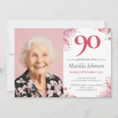 フォトピンク水彩フローラ90誕生日 招待状 (正面)