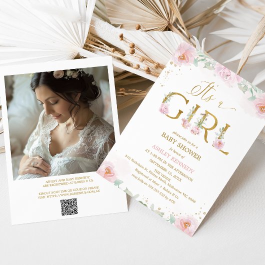 フォトピンク牡丹ガールベビーシャワー 招待状