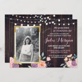 フォトピンク誕生日フローラ素朴ウッド招待状 招待状 (正面/裏面)