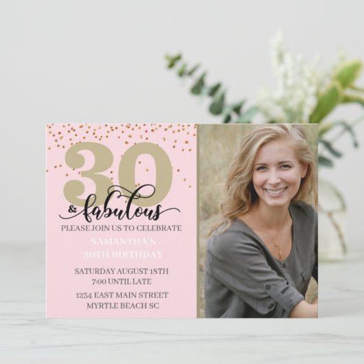フォトピンク金ゴールド30と素晴らしい誕生日パーティー 招待状 (スタンド正面)