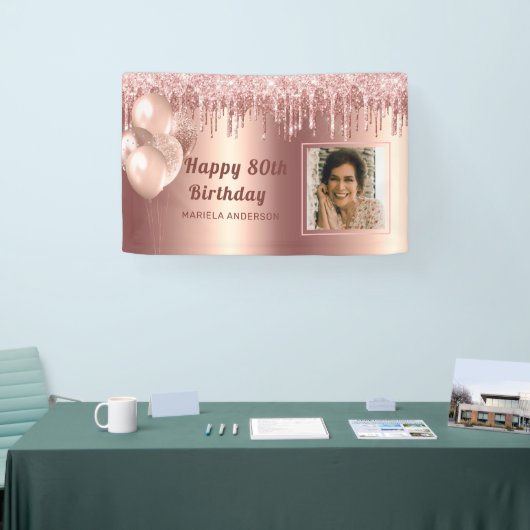フォトピンク金ゴールド80誕生日パーソナライズされたグリッター 横断幕 (トレードショー)