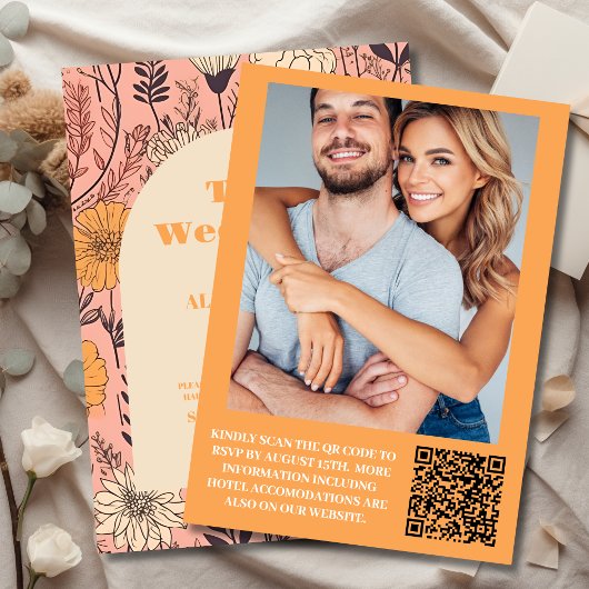 フォトピンク黄色オレンジ色の野結婚花 招待状